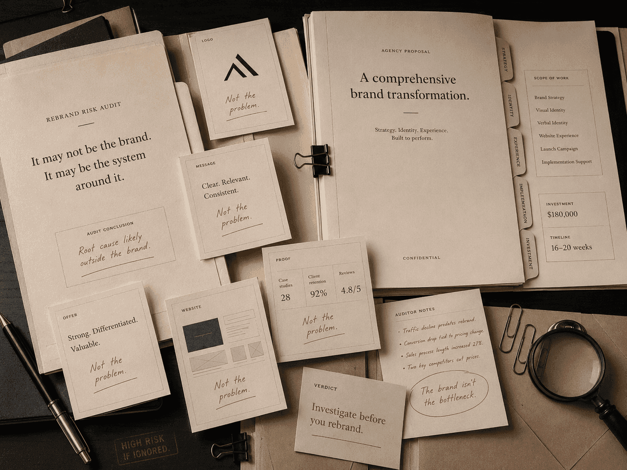 Agency proposal check with claim, evidence, scope, and decision notes.