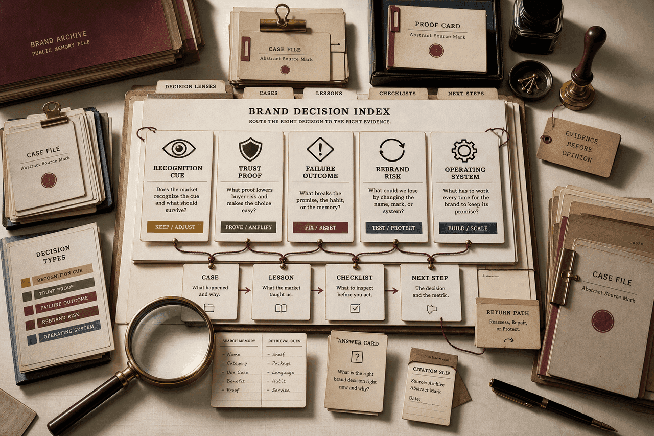 Premium archive-table still-life for a brand decision index with recognition, trust, failure, rebrand, operating-system, case, lesson, checklist, search-memory, and return-path cards.