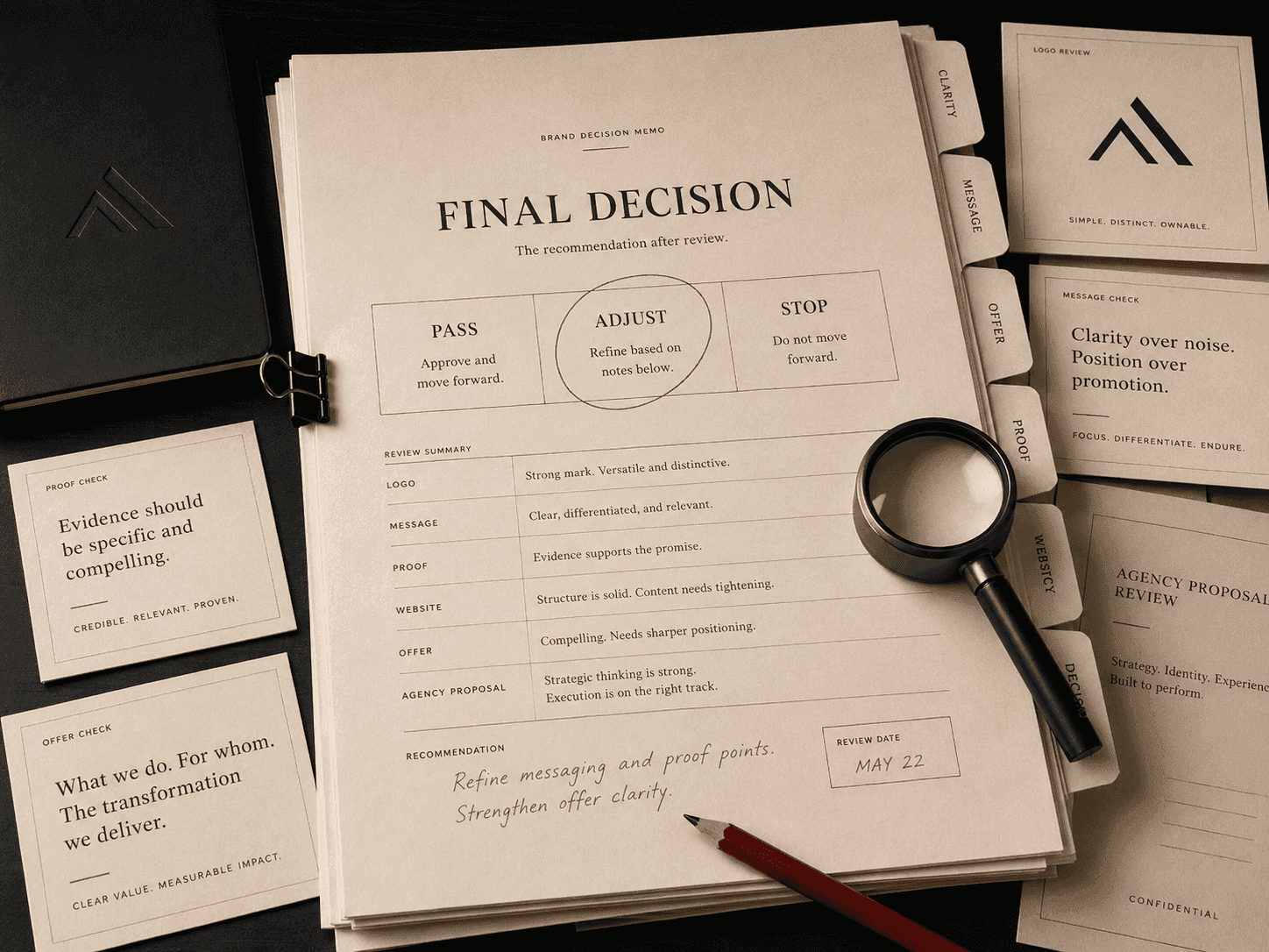 Brand decision memo with verdict, evidence, risk, owner, and approval fields.