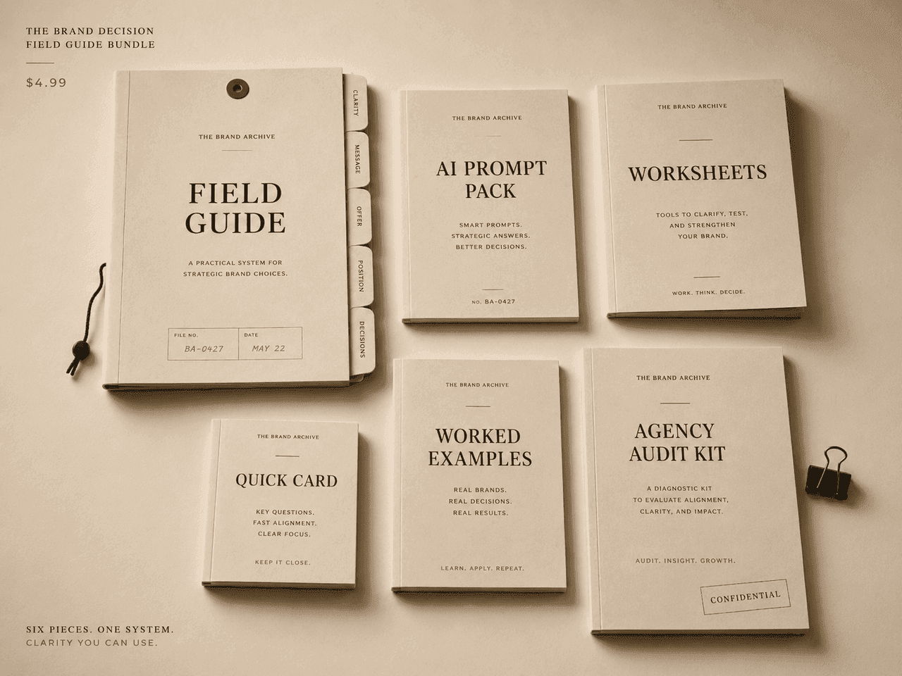 Brand decision toolkit visual with proof cards, behavior checks, source notes, and decision worksheets.