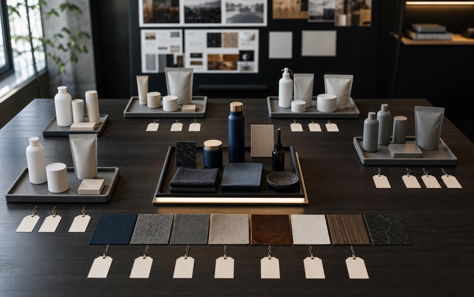 Brand differentiation choice board with unbranded product alternatives, material samples, empty tags, and a selected proof tray.