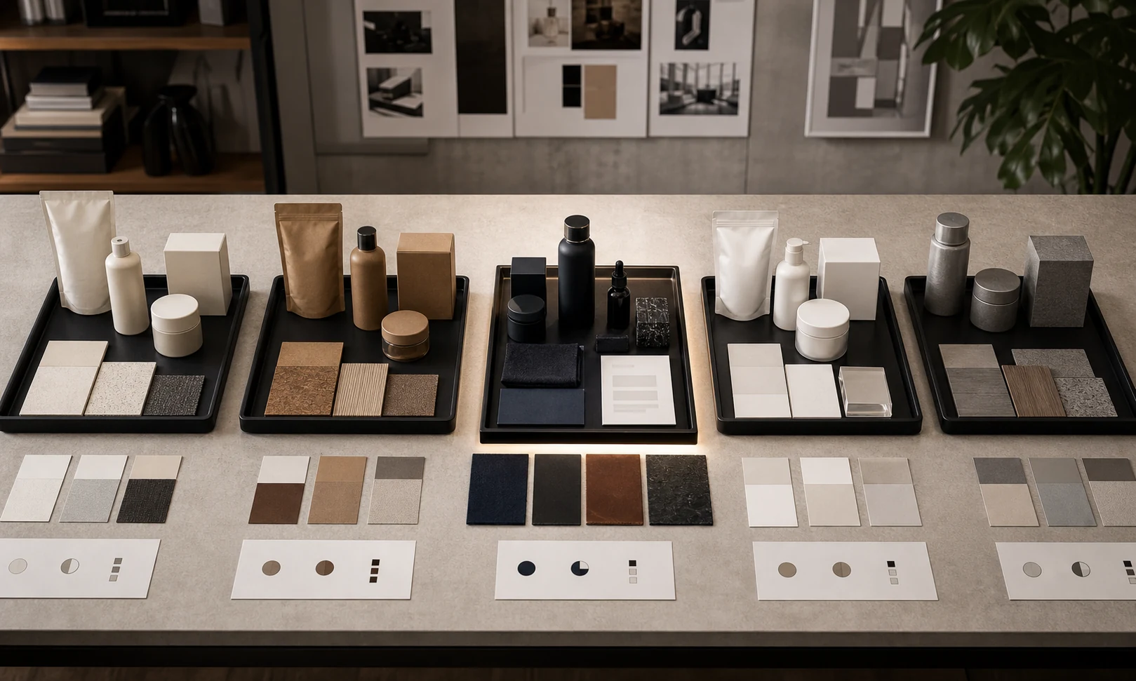 Brand differentiation comparison surface with unbranded alternatives, selected tray, product sample, service artifact, delivery card, and material proof objects.