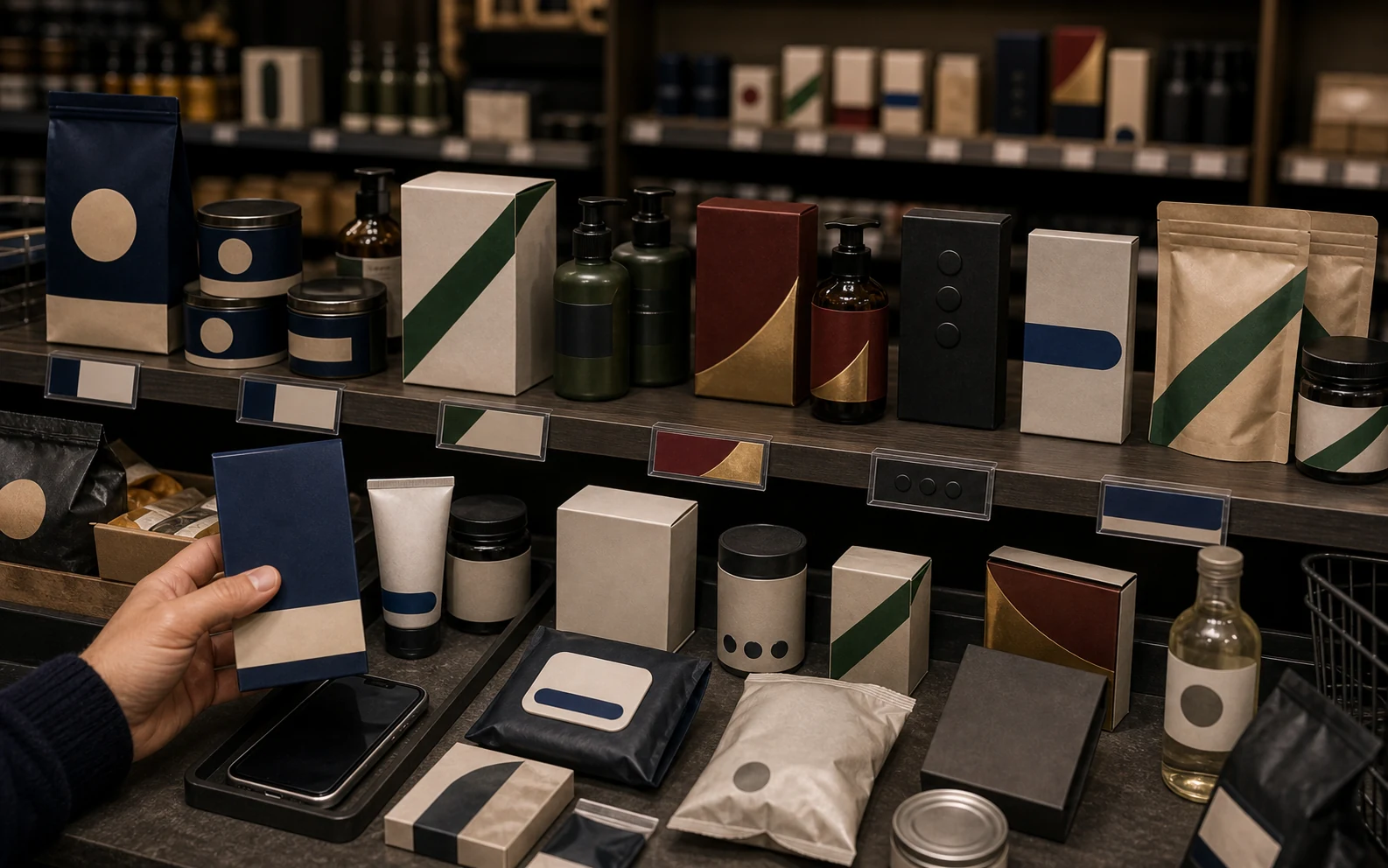 Brand recognition proof visual with abstract cue fragments tested across cluttered shelf and phone surfaces.