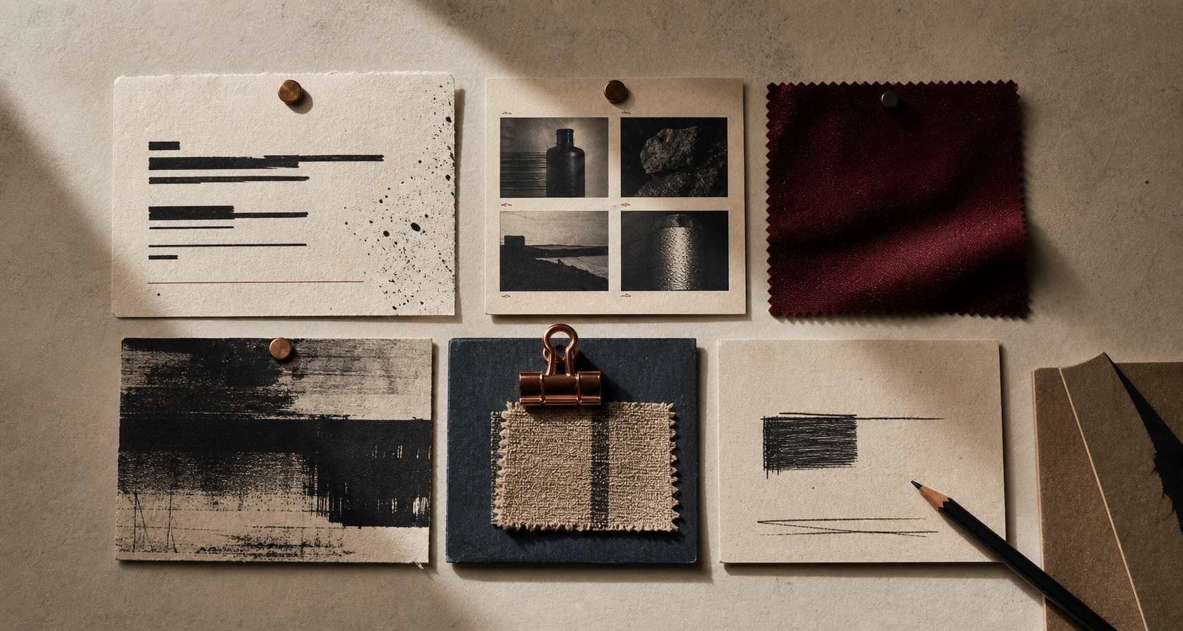 Close-up proof board with voice cards, abstract redaction marks, fabric swatches, pencil marks, and source paper.
