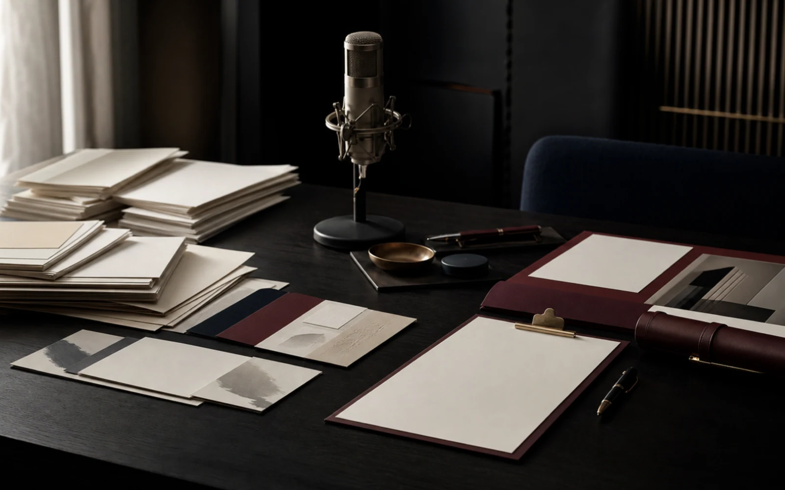 Premium messaging studio with layered blank manuscripts, type specimens, and presentation materials moving from clutter toward clarity.