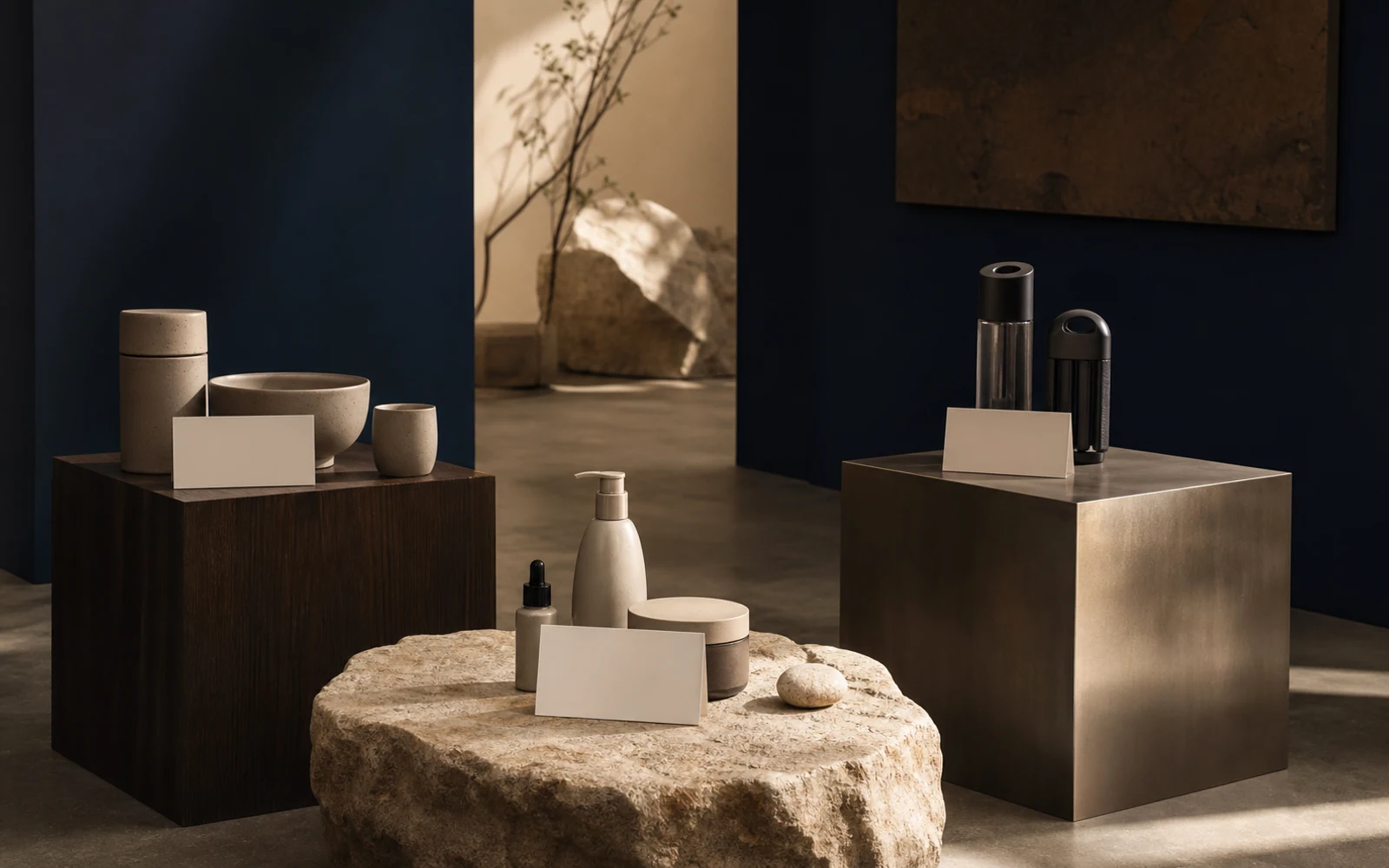 Three unbranded product systems separated by space and light in a premium positioning studio.