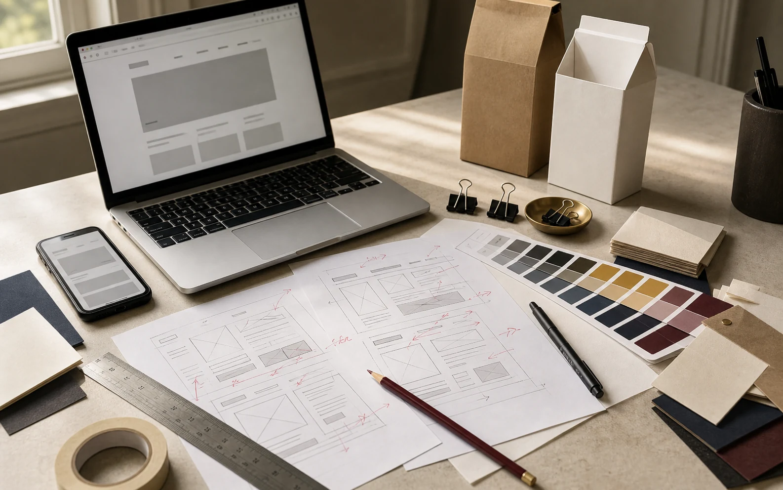 Premium brand decision work surface with blank packaging, swatches, typography cards, and a deep navy and gold palette
