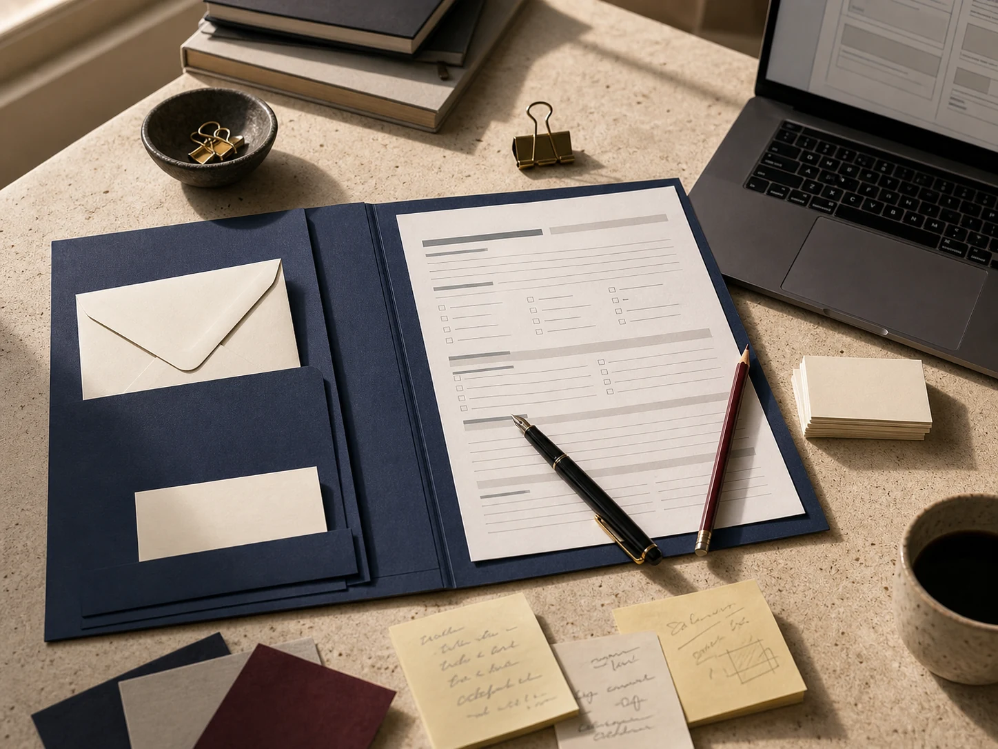 Private brand request desk with a navy folder, blank intake cards, envelope, and warm paper materials.