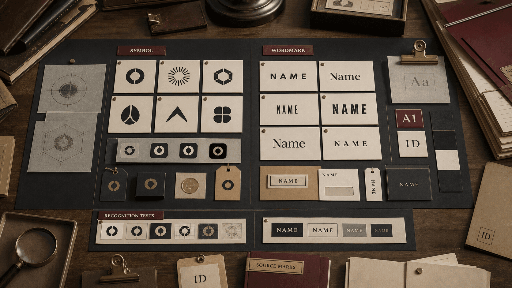 Logo and wordmark system with mark, wordmark, small-size read, and usage cards.