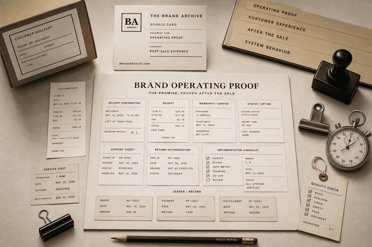 Operating proof guide visual with receipt, warranty, delivery, support, service, and recovery cards.