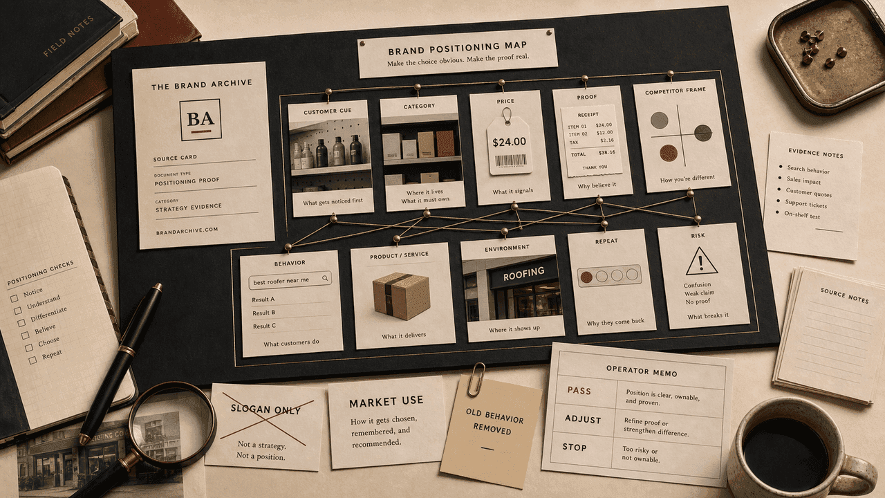 Brand positioning guide visual with comparison, proof, customer risk, and category cards.