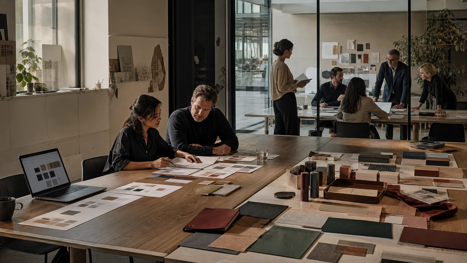 A branding studio progressing from a self-serve screen to a designer consultation and a multidisciplinary agency team.
