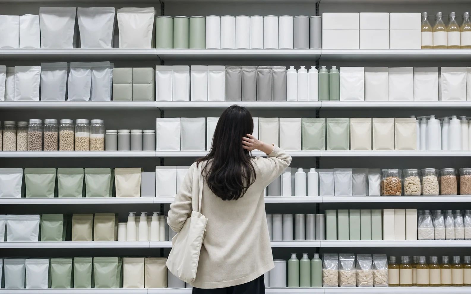 Shopper comparing nearly identical pale packages on a crowded retail shelf.