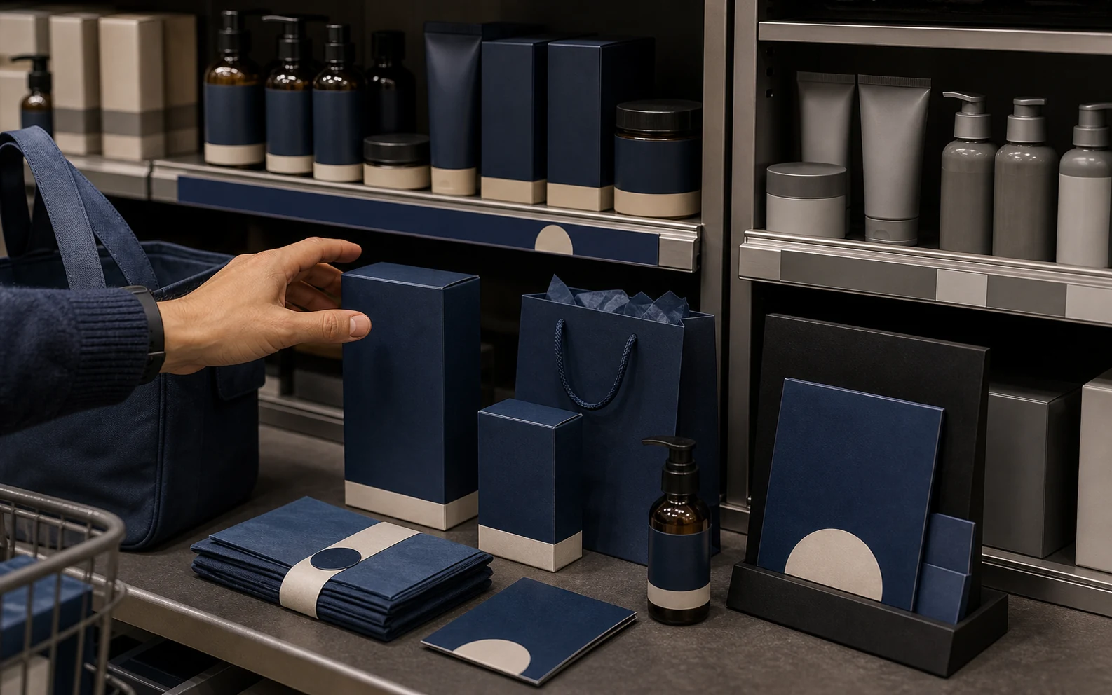 Color ownership proof visual showing a repeated blue cue across retail packaging and shelf surfaces without text.