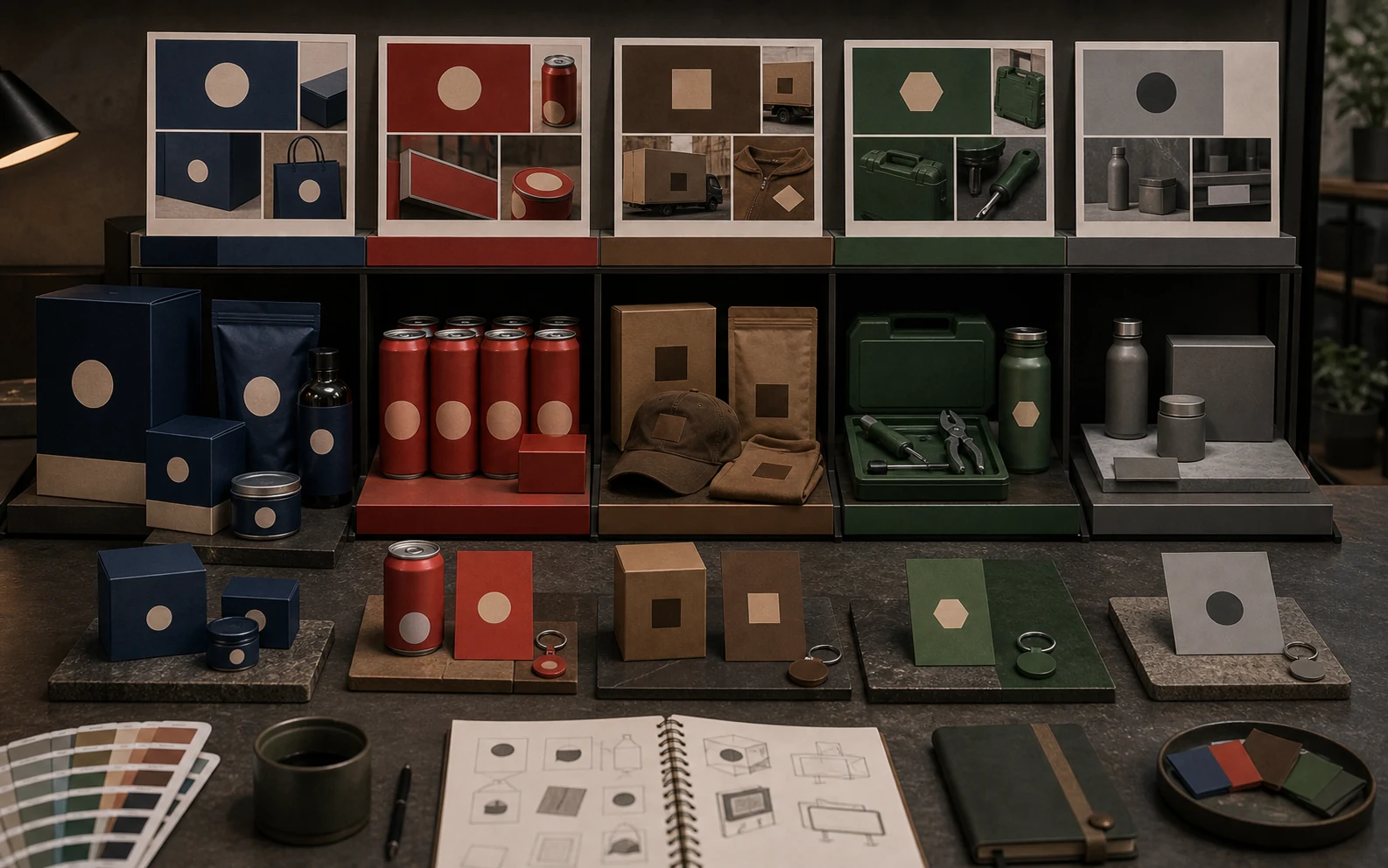 Color ownership visual showing repeated color systems across packages, shelves, and surfaces without logos or readable text.