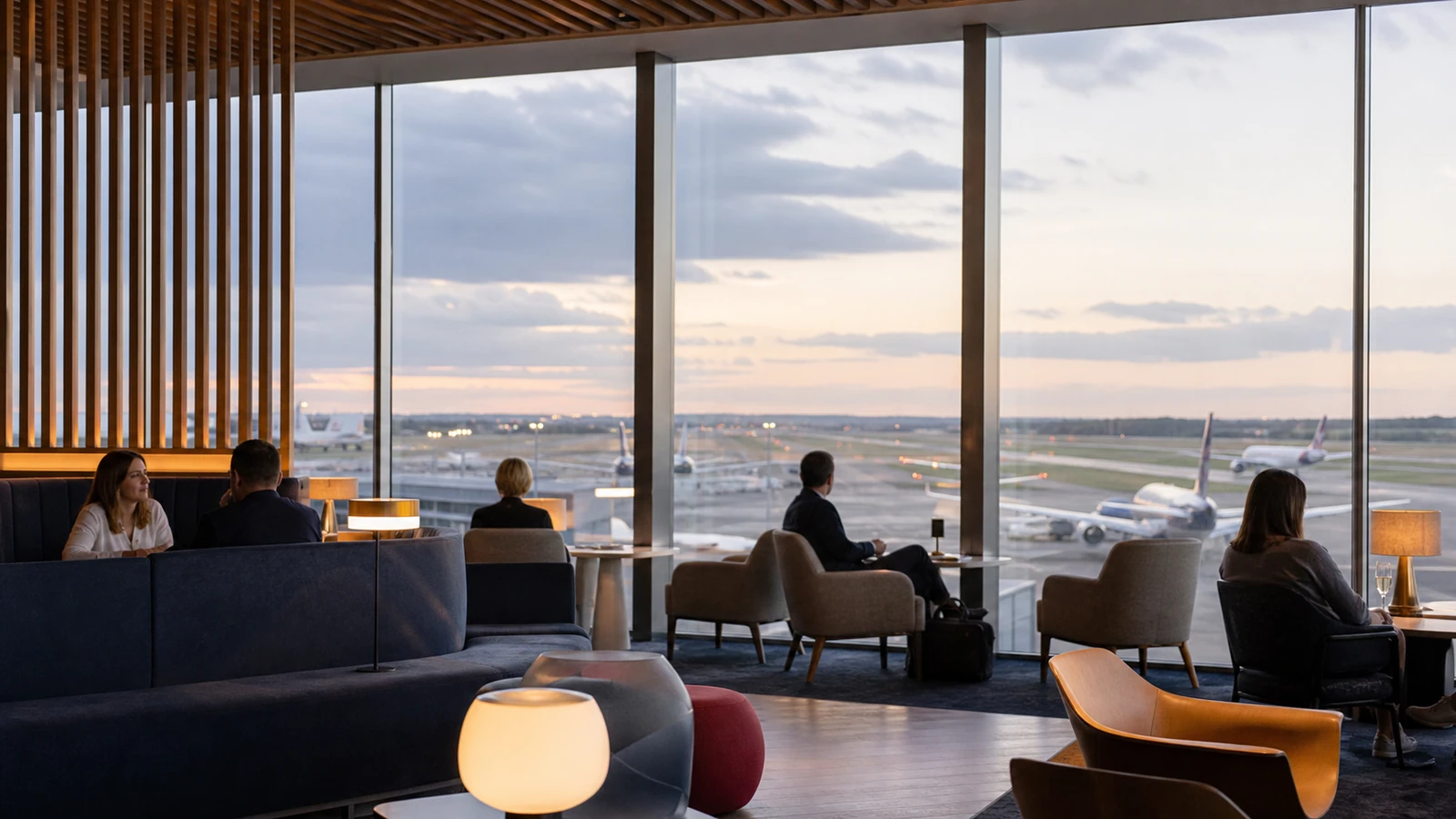 Travelers wait in a runway-facing lounge.