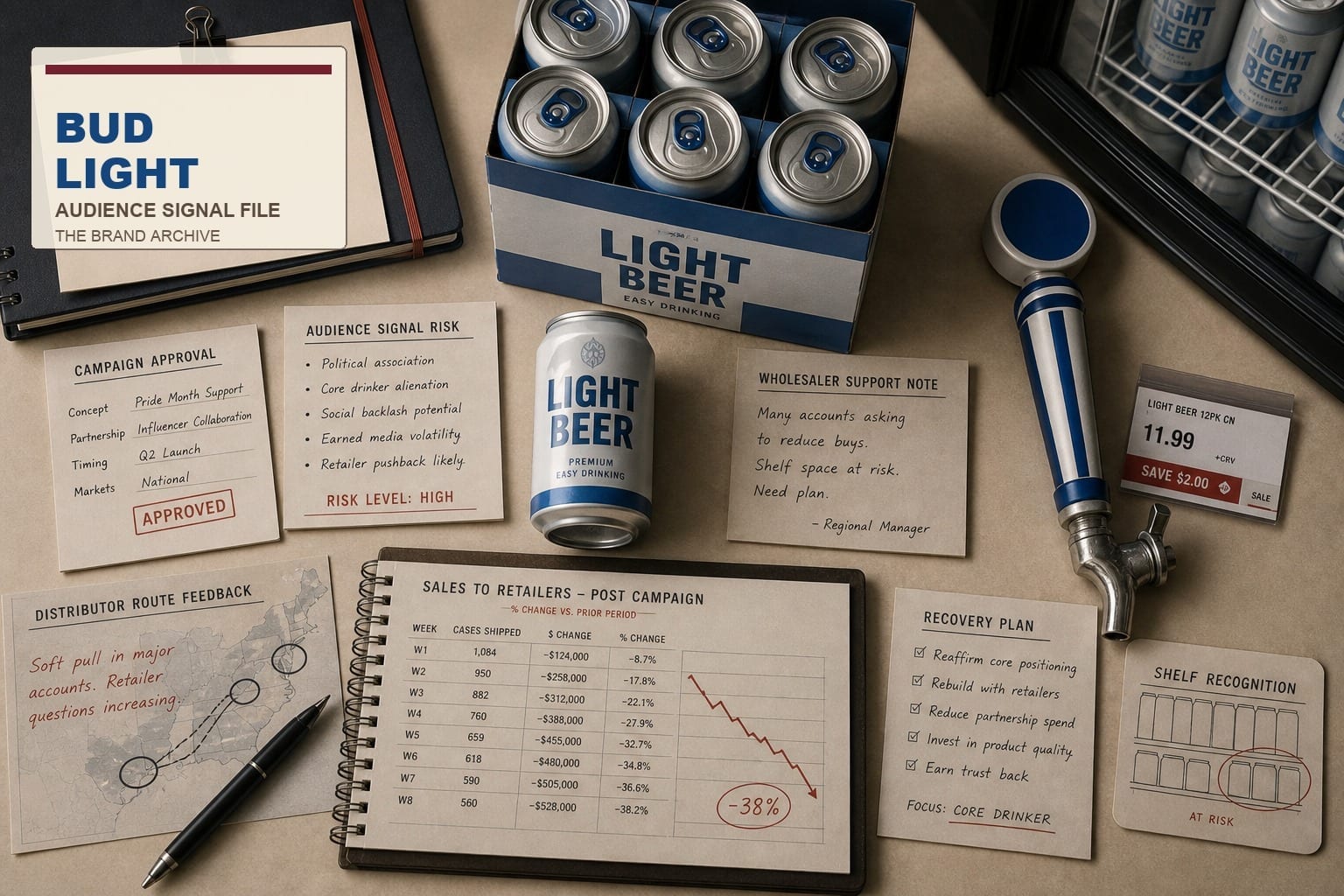 Premium editorial still-life of a Bud Light audience-signal backlash case with editorial Bud Light source-mark card, generic light beer cans, route feedback, campaign approval card, audience-signal risk note, sales-to-retailers ledger, shelf-recognition card, and recovery plan