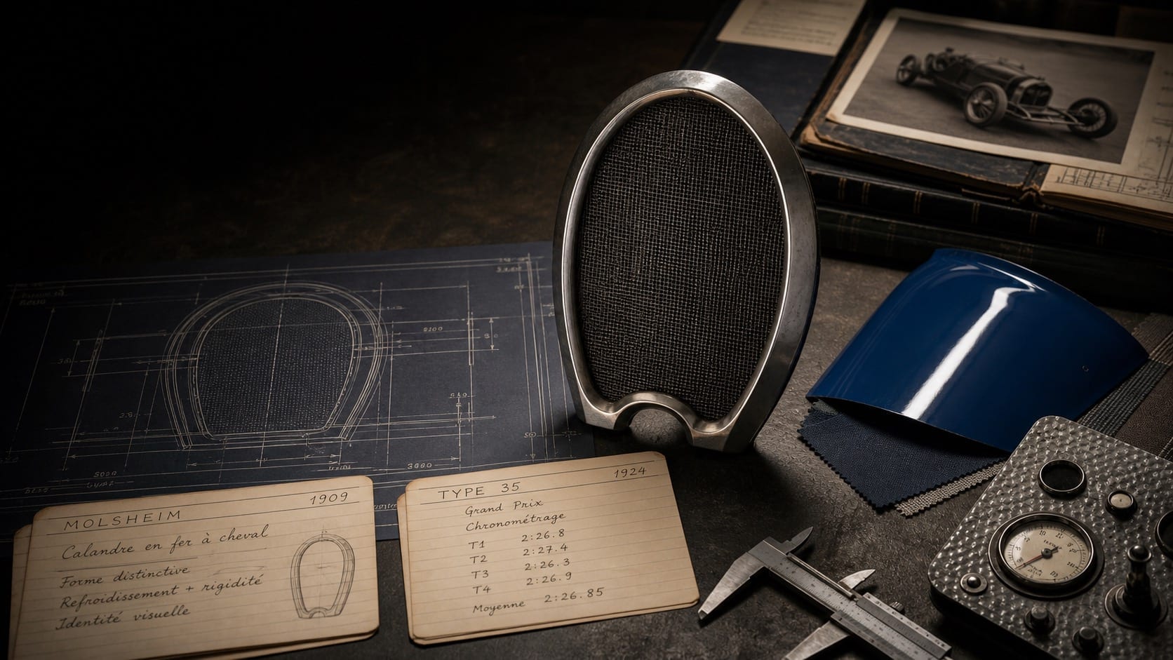 Premium editorial still-life of a Bugatti horseshoe-grille case with horseshoe radiator study, 1909 Molsheim card, 1924 Type 35 timing sheet, blue bodywork swatch, engineering blueprint, grille outline, leather sample, and calipers
