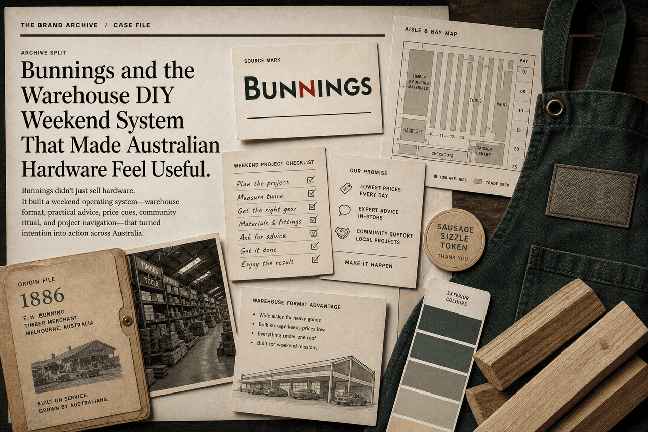 Premium editorial still-life of a Bunnings warehouse DIY weekend case with source-mark card, green apron, timber offcuts, paint swatches, sausage sizzle token, aisle bay map, weekend project checklist, and 1886 origin file