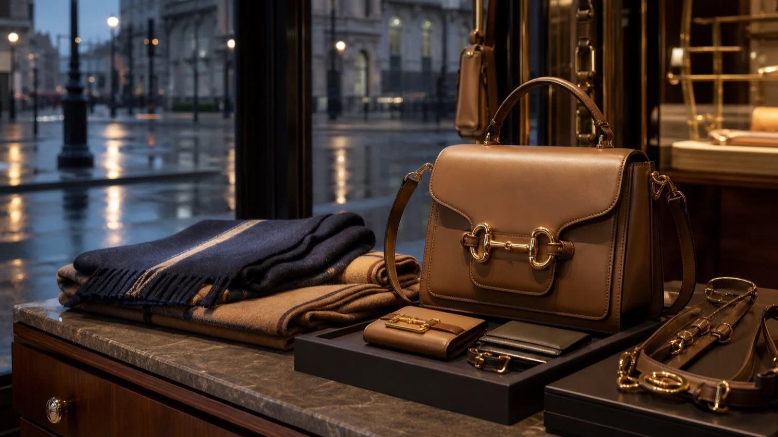 Refined London luxury counter with structured leather bag, equestrian-inspired hardware and navy and honey scarves.