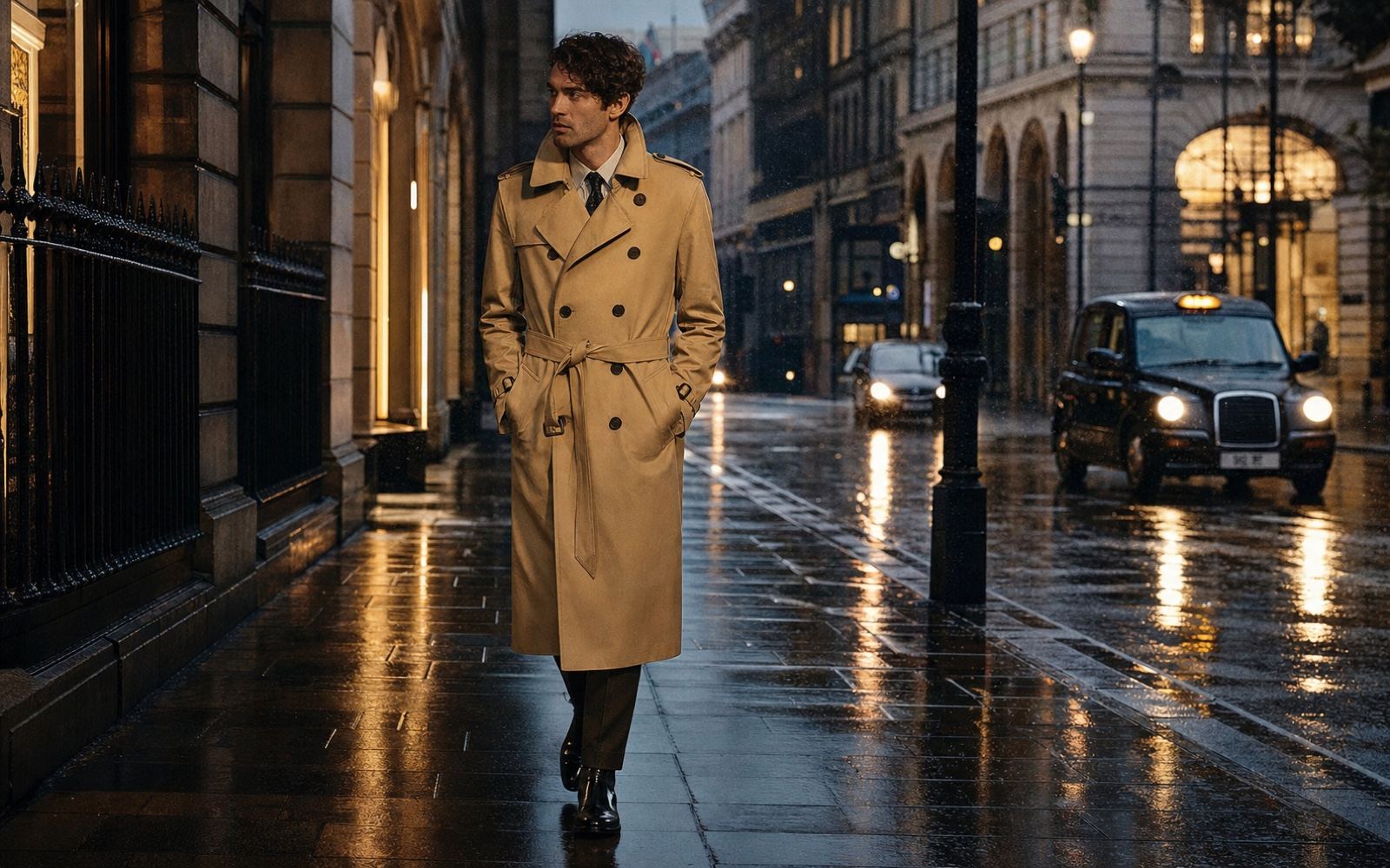 London rain scene centered on a sharply tailored honey trench coat with restrained British luxury styling.