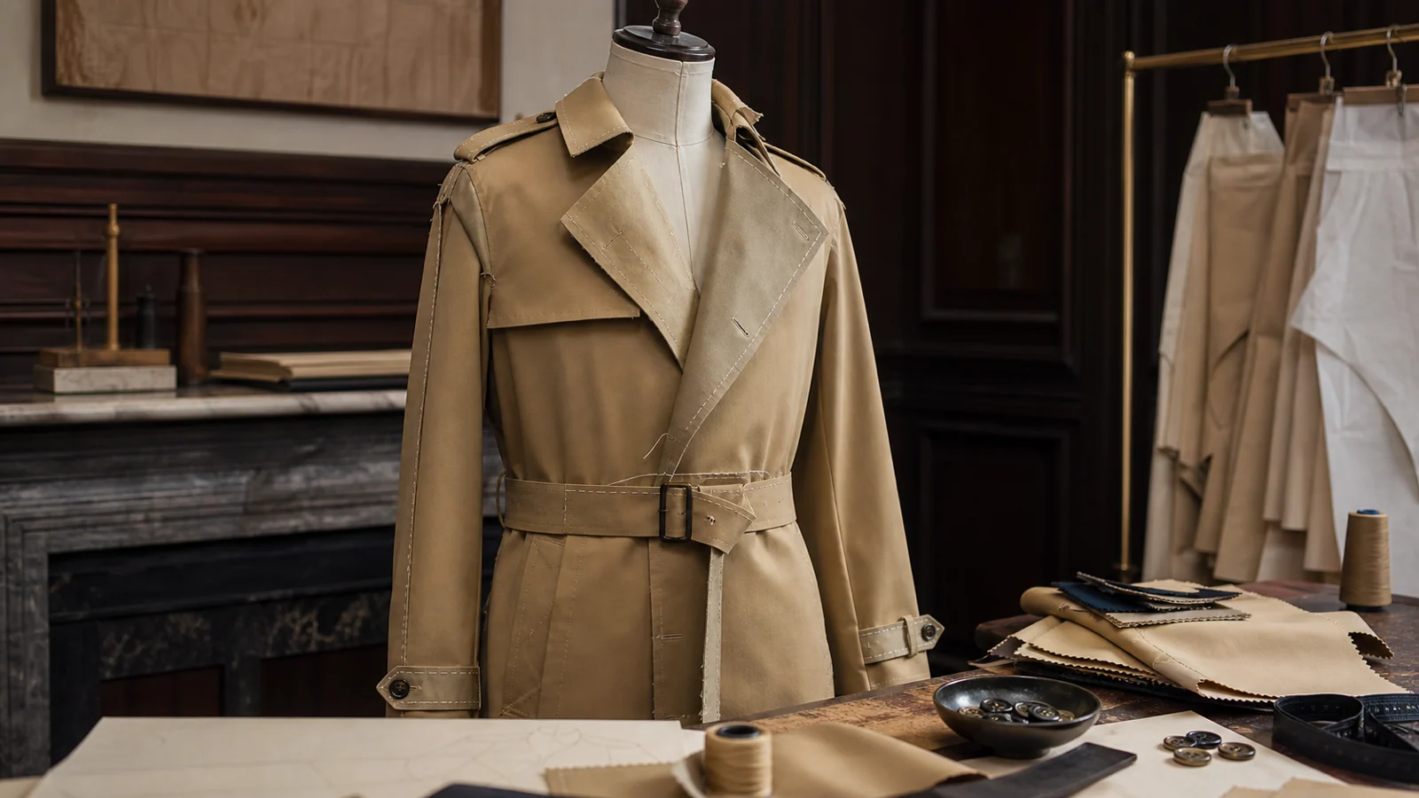 Luxury atelier constructing a honey trench coat with visible tailoring and weatherproof fabric details.
