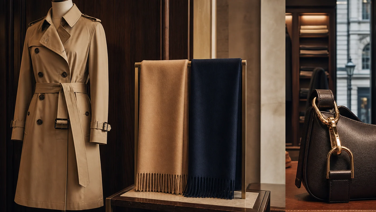 Trench coat, scarves and equestrian-inspired leather hardware arranged as one British luxury system.