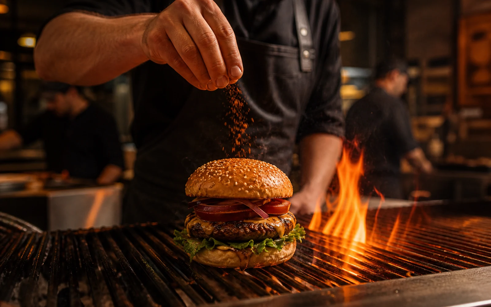 A chef finishes a flame-grilled burger at an open restaurant grill.