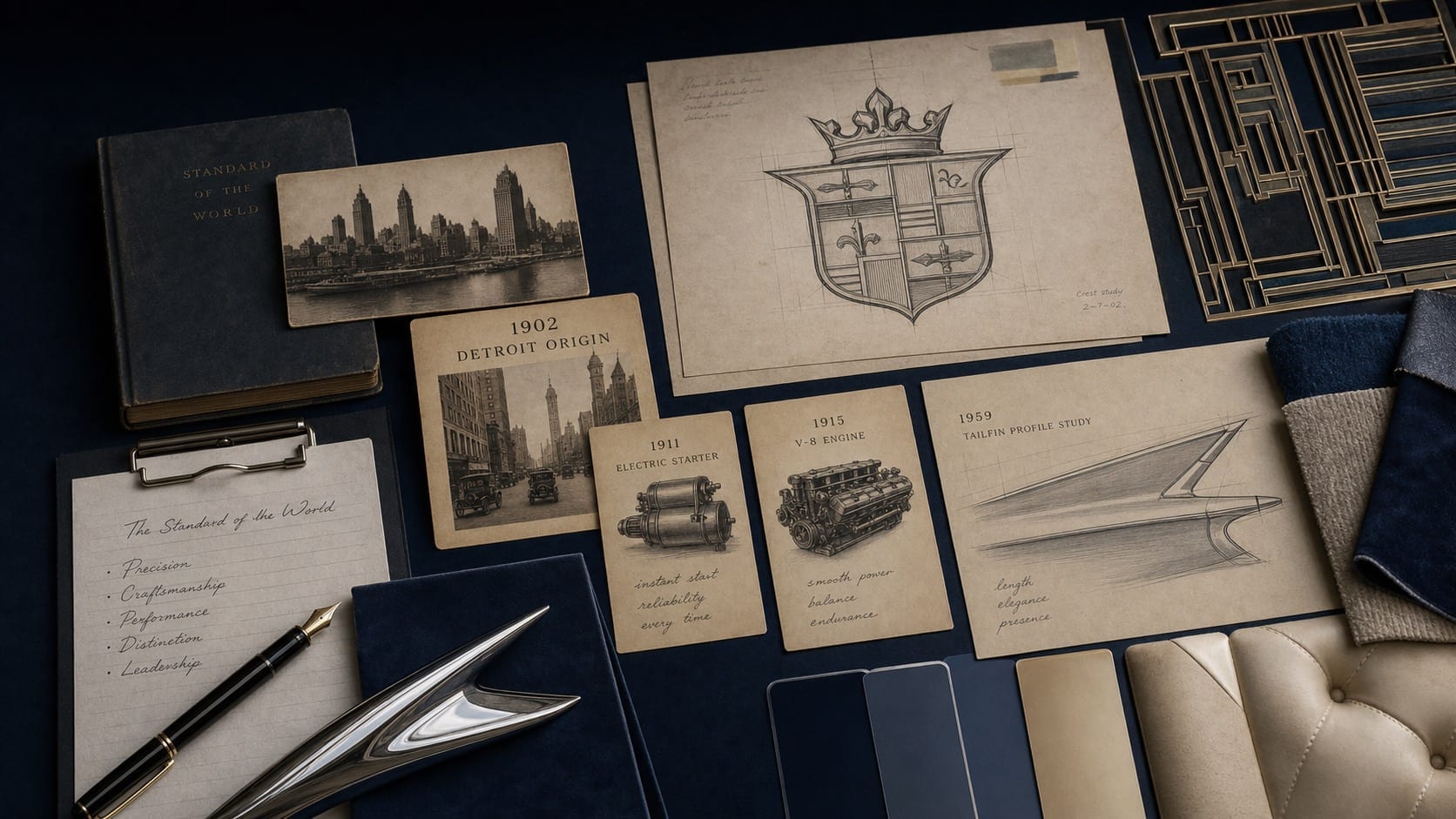 Premium editorial still-life of a Cadillac crest case with shield crest study, 1902 Detroit origin card, 1911 electric starter note, 1915 V8 card, 1959 tailfin profile sketch, chrome trim sample, Art Deco grid, and upholstery swatches