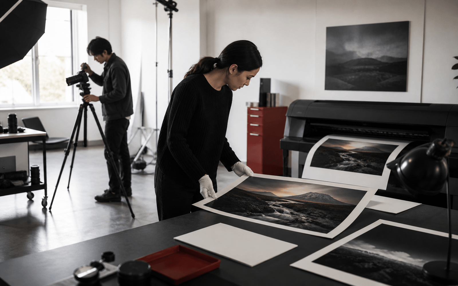 Photorealistic Canon story scene connecting a studio camera, printed output, and production workflow without visible logos.