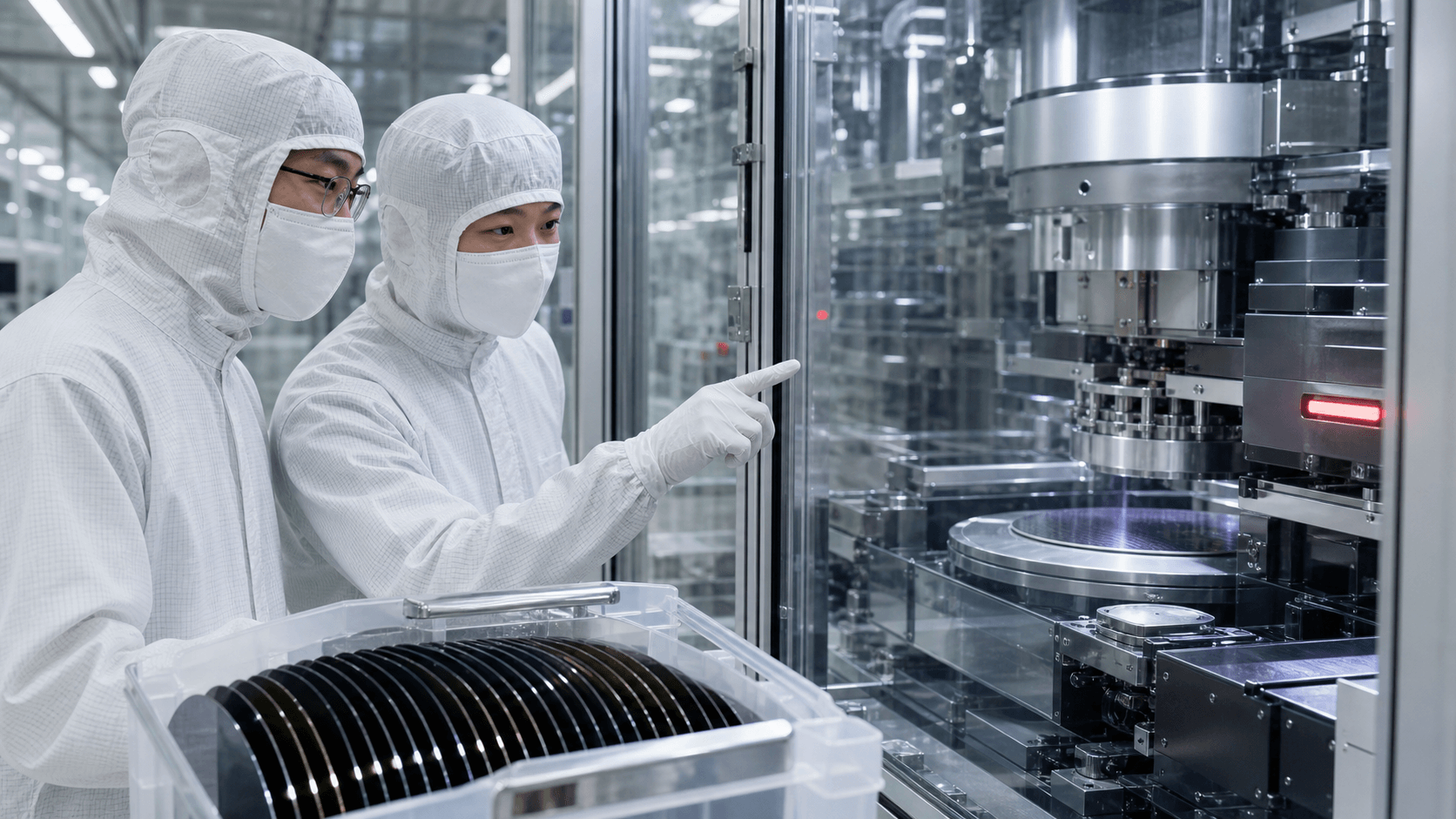 Semiconductor fabrication engineer inspecting precision lithography equipment in a cleanroom.