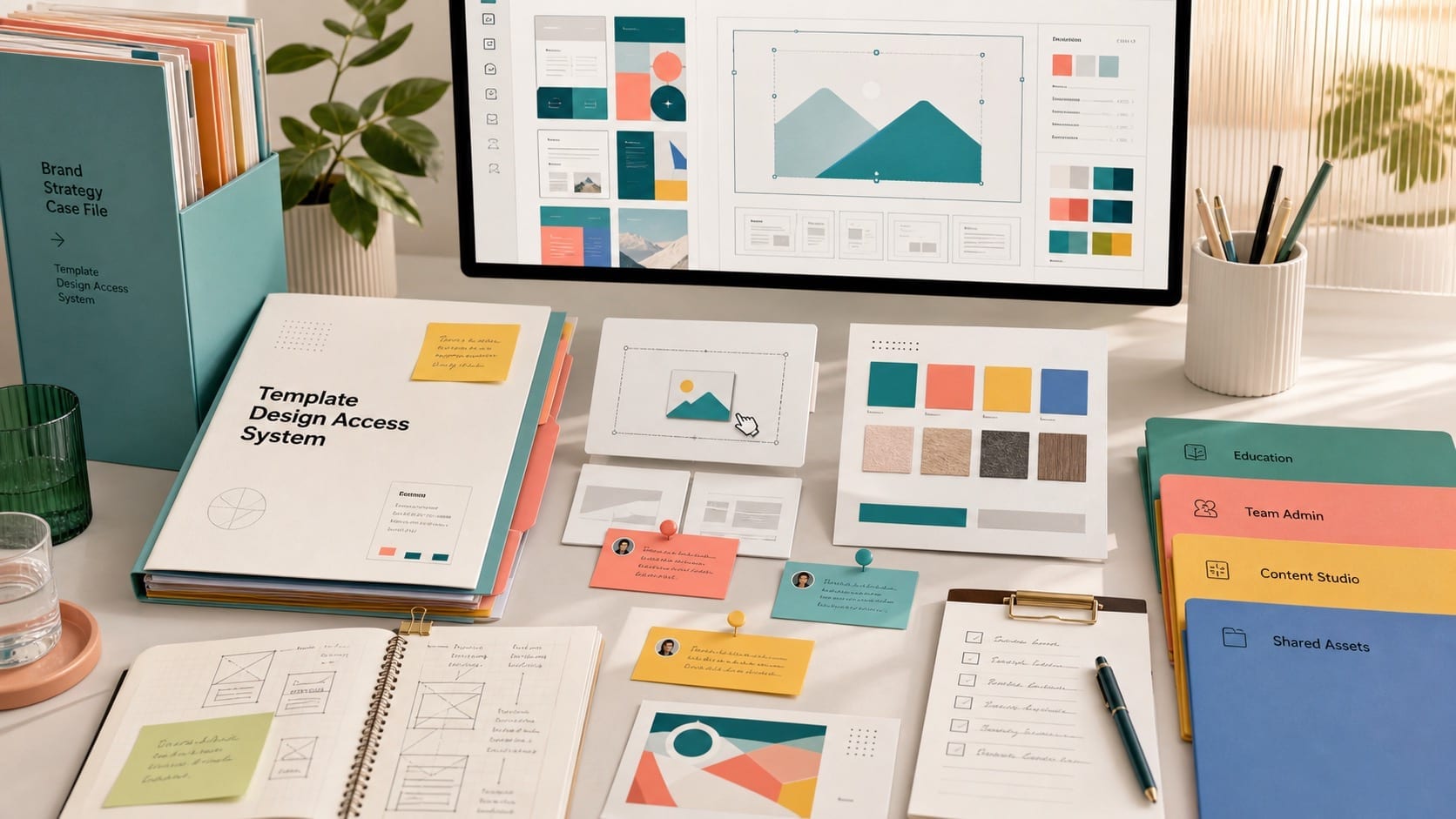Premium editorial still-life of a Canva template design access case with source-mark card, modular template thumbnails, editor wireframe cards, brand-kit swatches, collaboration pins, education folder tabs, and publishing checklist