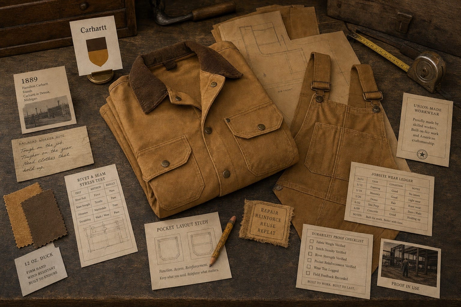 Premium editorial still-life of a Carhartt duck workwear proof system case with a source-mark card, tan duck canvas jacket, bib overall pattern, fabric swatches, seam tests, pocket study, repair tag, and jobsite wear ledger