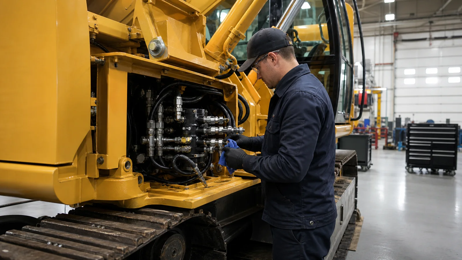 Heavy-equipment technician inspecting hydraulic components inside a professional dealer service bay.