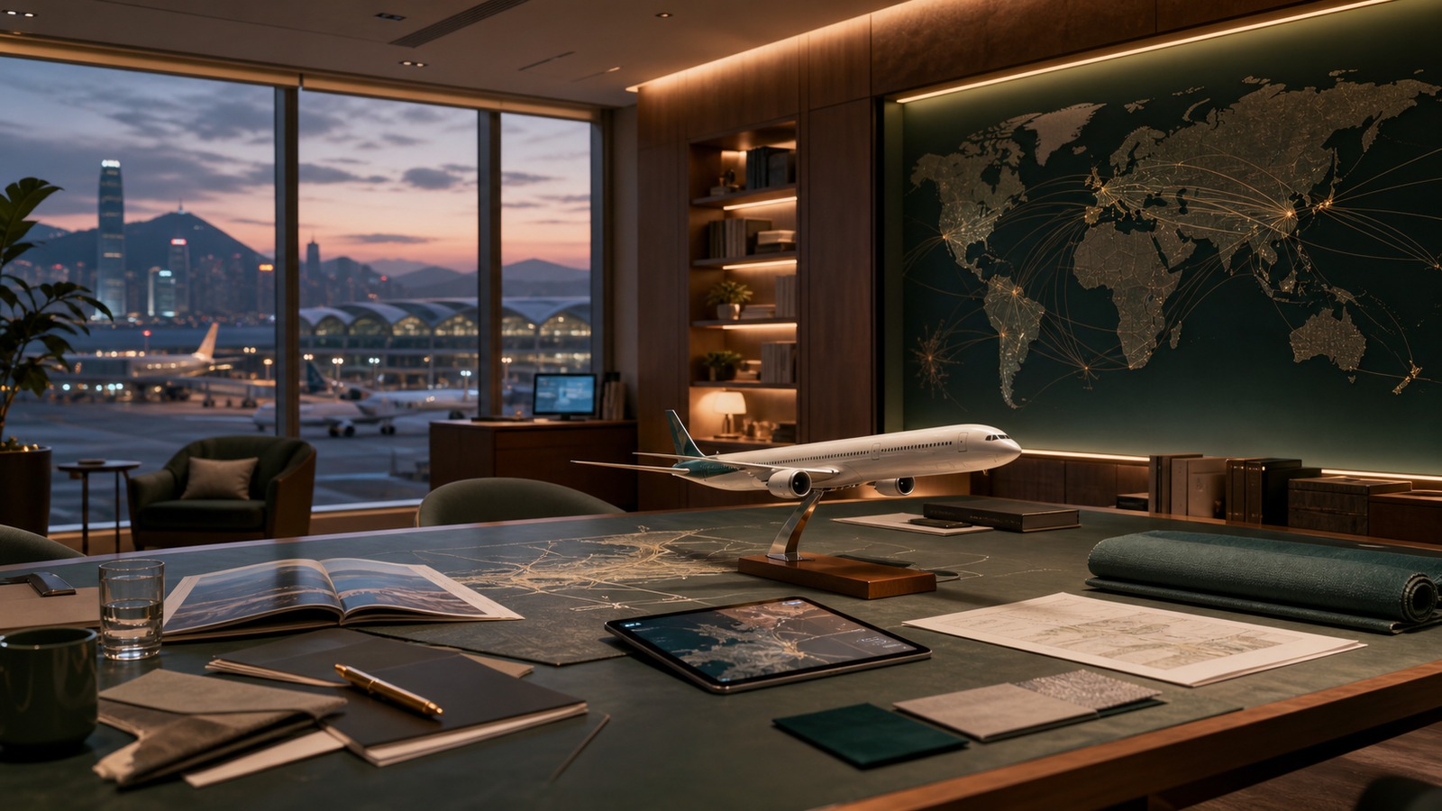 Cathay Pacific network planning room overlooking Hong Kong International Airport.