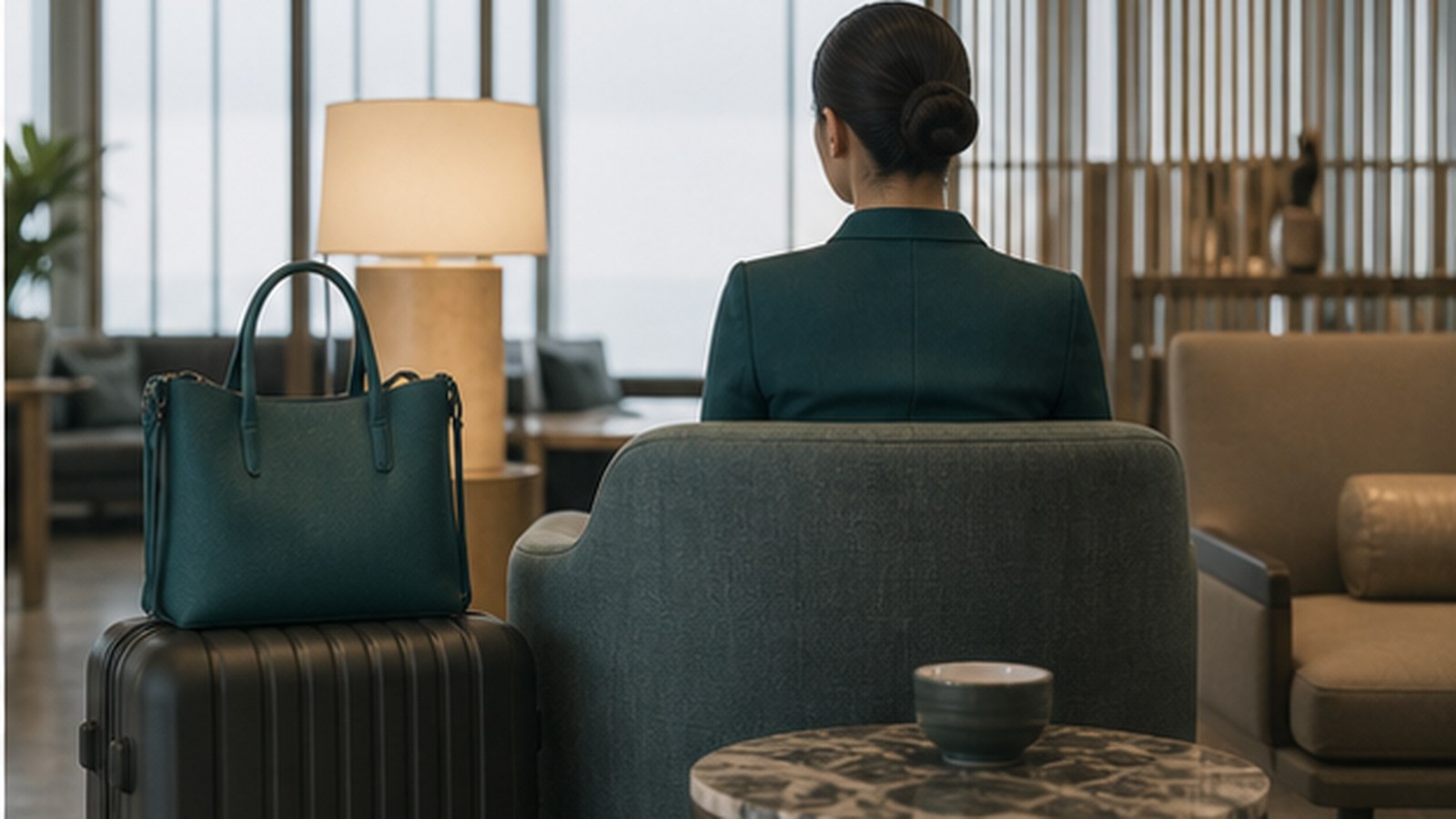 Carry-on luggage beside a quiet premium airport lounge seating area.