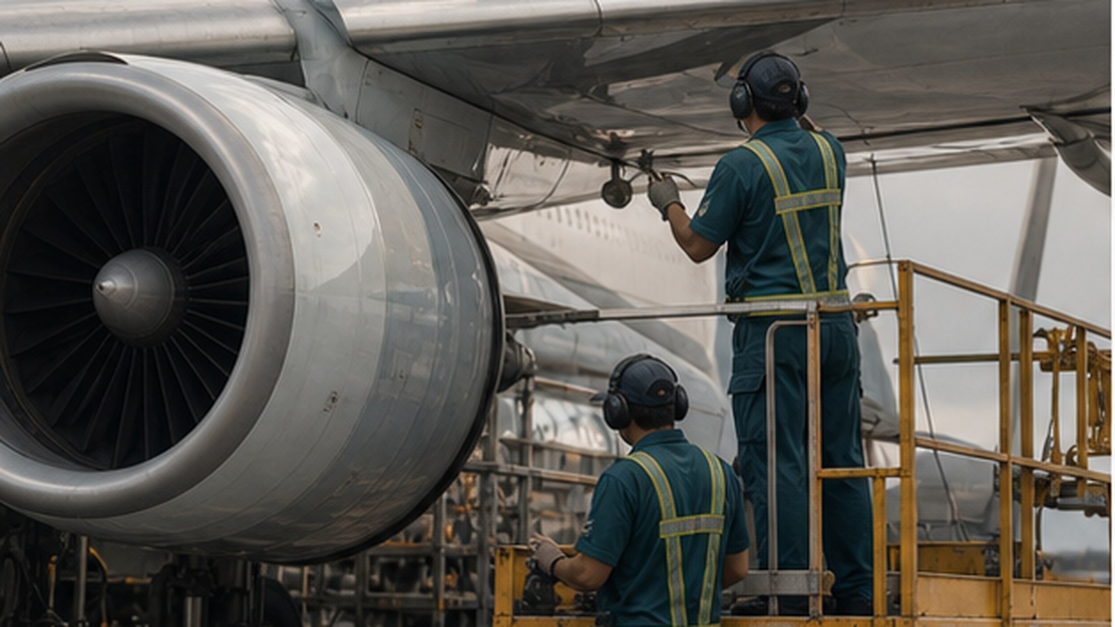 Aircraft maintenance work underway inside an aviation hangar.