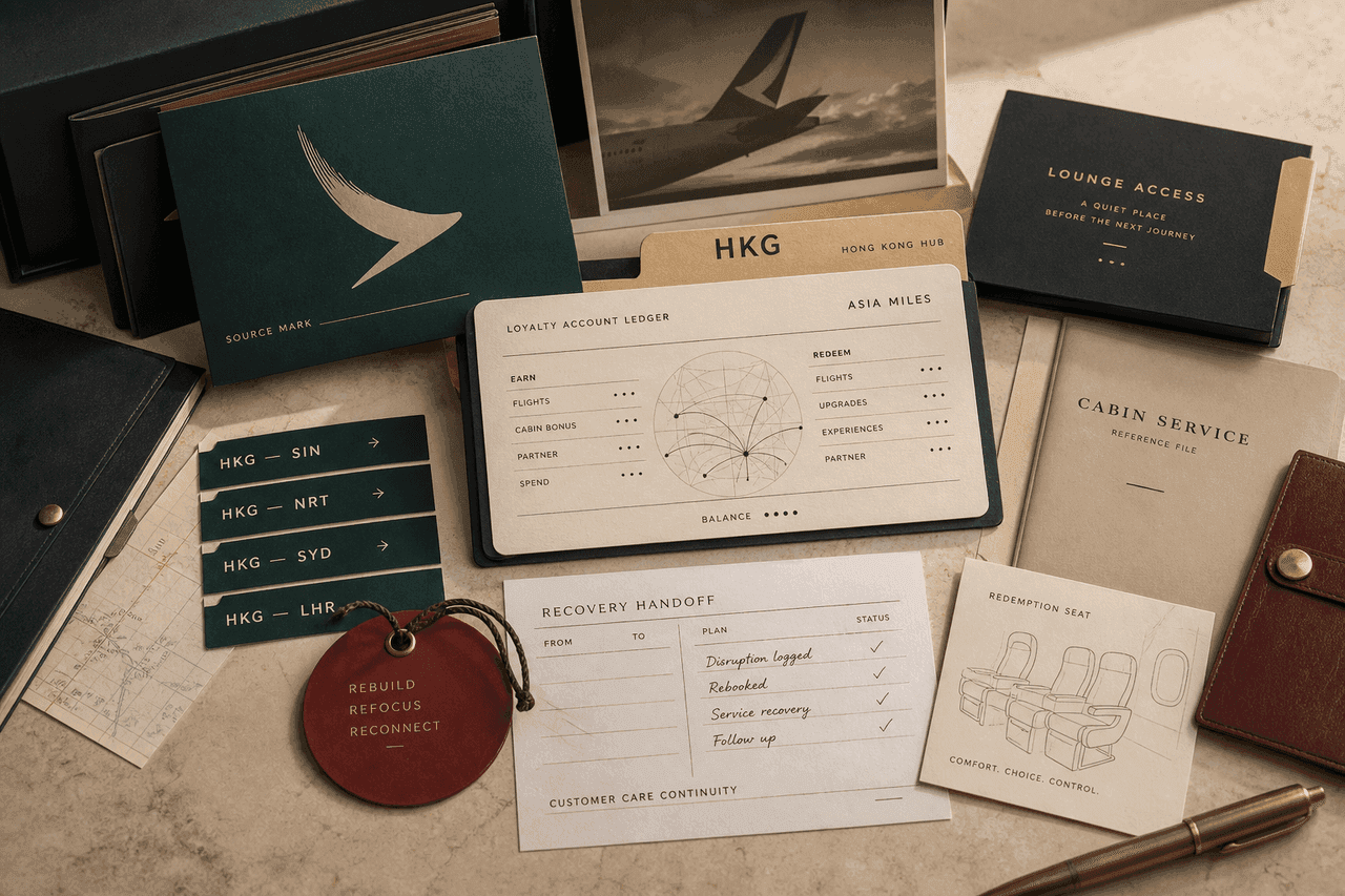 Premium editorial still-life for the Cathay Pacific case with HKG route tabs, Asia Miles account ledger, lounge access folder, cabin service file, redemption seat note, recovery handoff sheet, and jade source-mark card