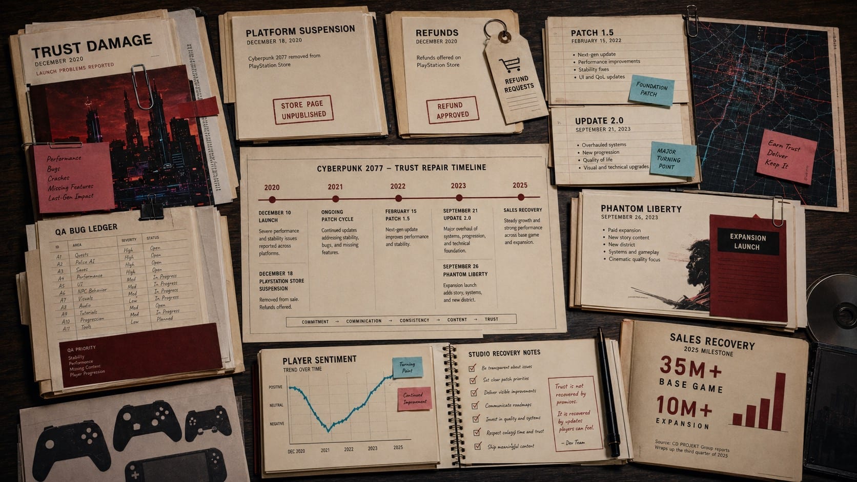 Premium editorial still-life of a gaming trust-repair case board with platform suspension files, refund forms, patch roadmap, player sentiment chart, Phantom Liberty notes, and sales recovery dashboard