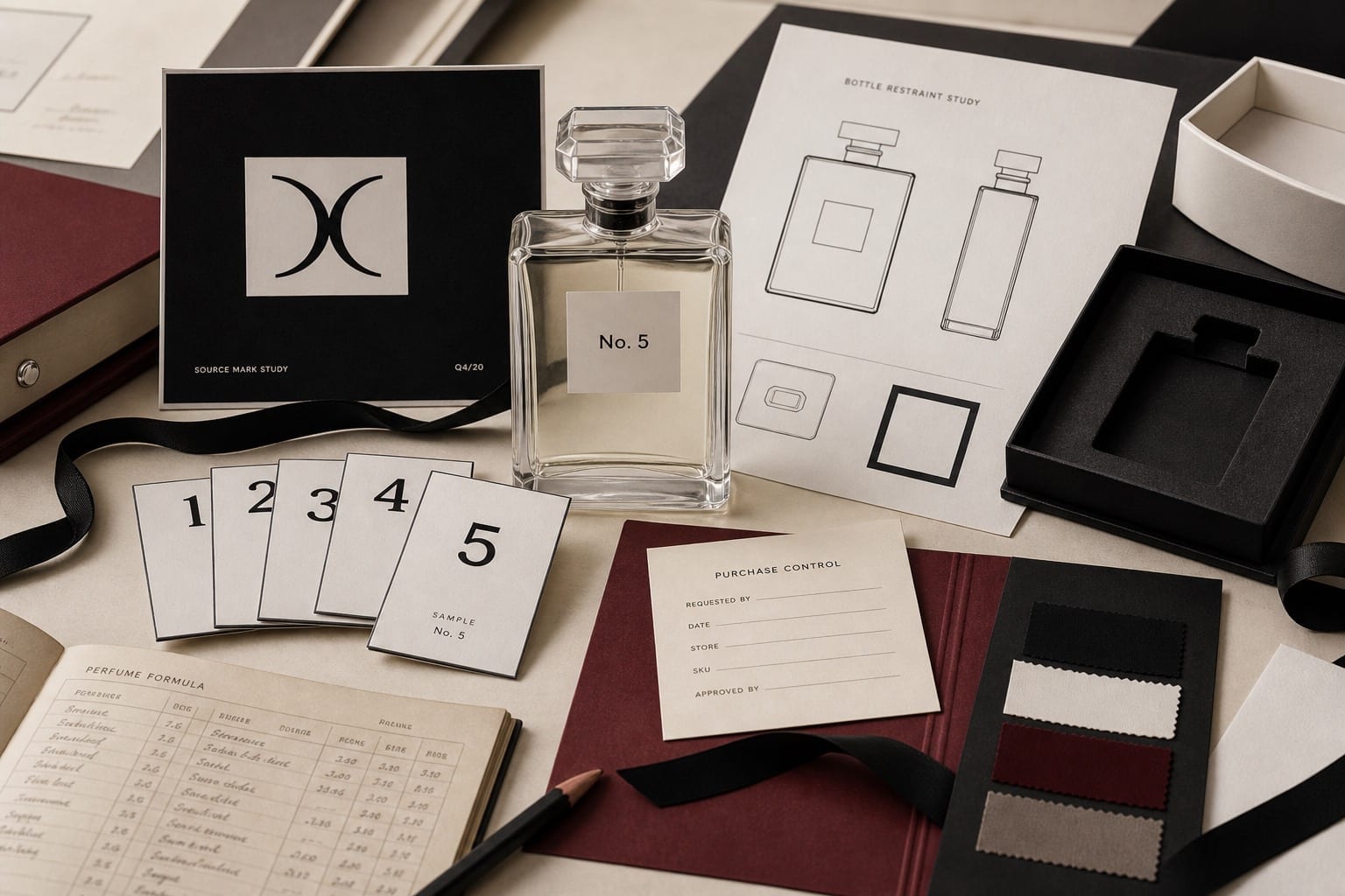 Premium editorial still-life of a Chanel No. 5 restraint system case with a rectangular perfume bottle, No. 5 label, black-and-white source-mark card, numbered sample cards, bottle study sheet, ribbon, swatches, and purchase-control card