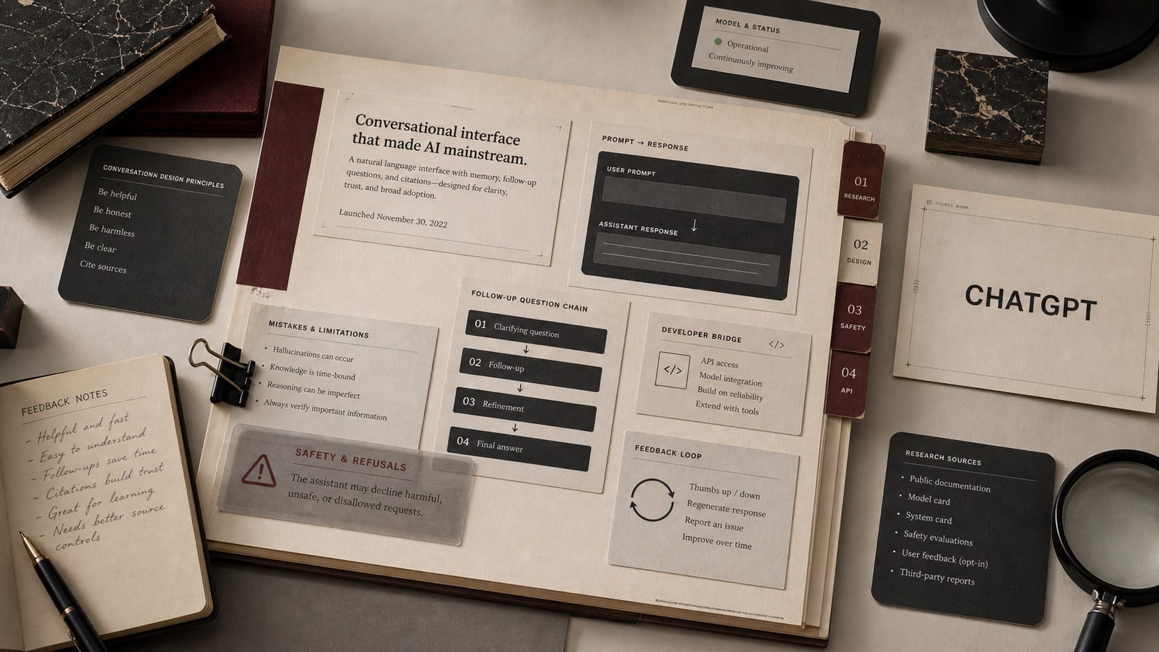 Premium editorial still-life of a ChatGPT conversational interface case with a ChatGPT source-mark card, prompt response cards, follow-up question chain, feedback notebook, and safety refusal strip