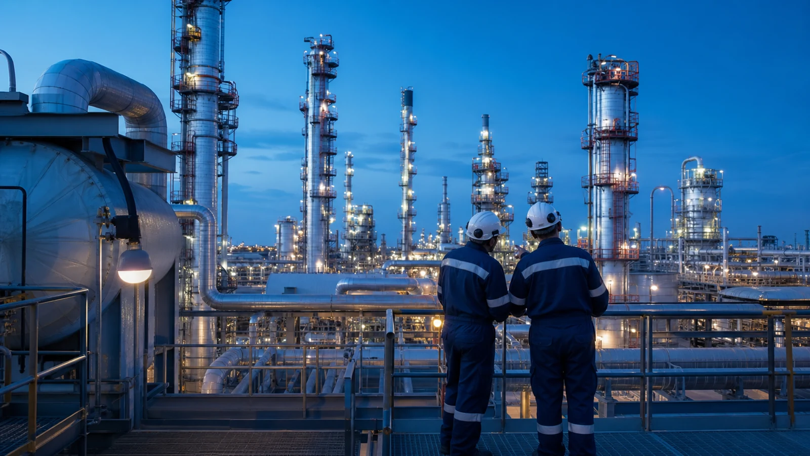 A modern refinery complex at blue hour with maintenance crew for scale.