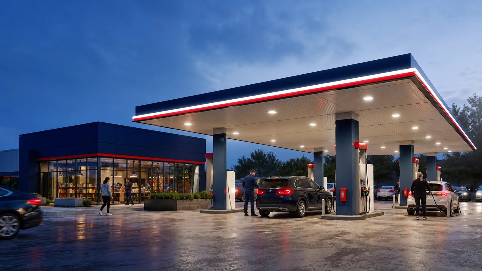 An unbranded fuel and convenience forecourt serving customers at blue hour.