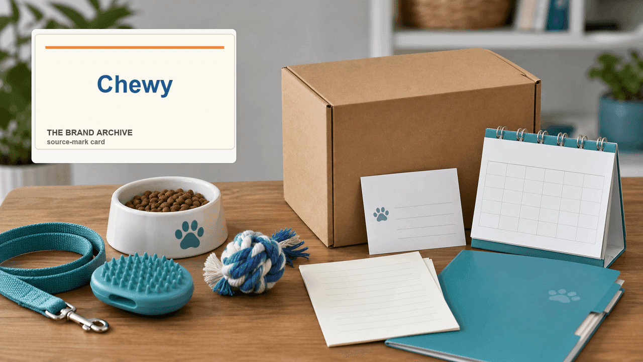 Premium editorial still-life of a Chewy autoship pet care case with Chewy source-mark card, plain shipping box, pet food bowl, autoship calendar, paw-print card, pharmacy folder, customer service note, toy, leash, grooming brush, and color swatches