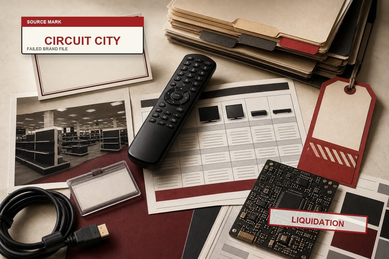 Premium editorial still-life of a Circuit City failed-brand case with electronics shelf tag, TV remote, comparison chart, store-closing sign, vendor-credit note, and liquidation ledger