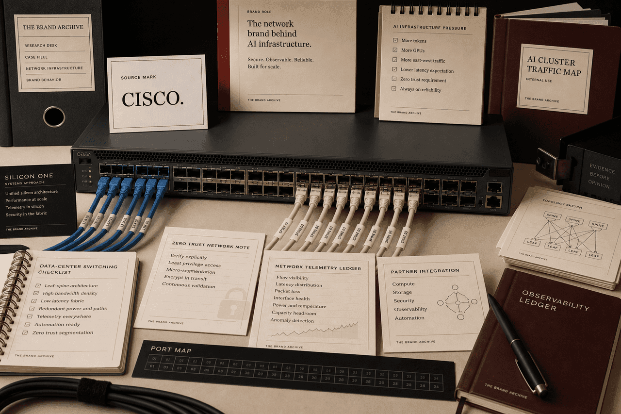 Premium editorial still-life of a Cisco network trust case with Cisco source-mark card, rack switch, patch cables, topology cards, security note, telemetry ledger, AI cluster traffic map, and partner integration cards