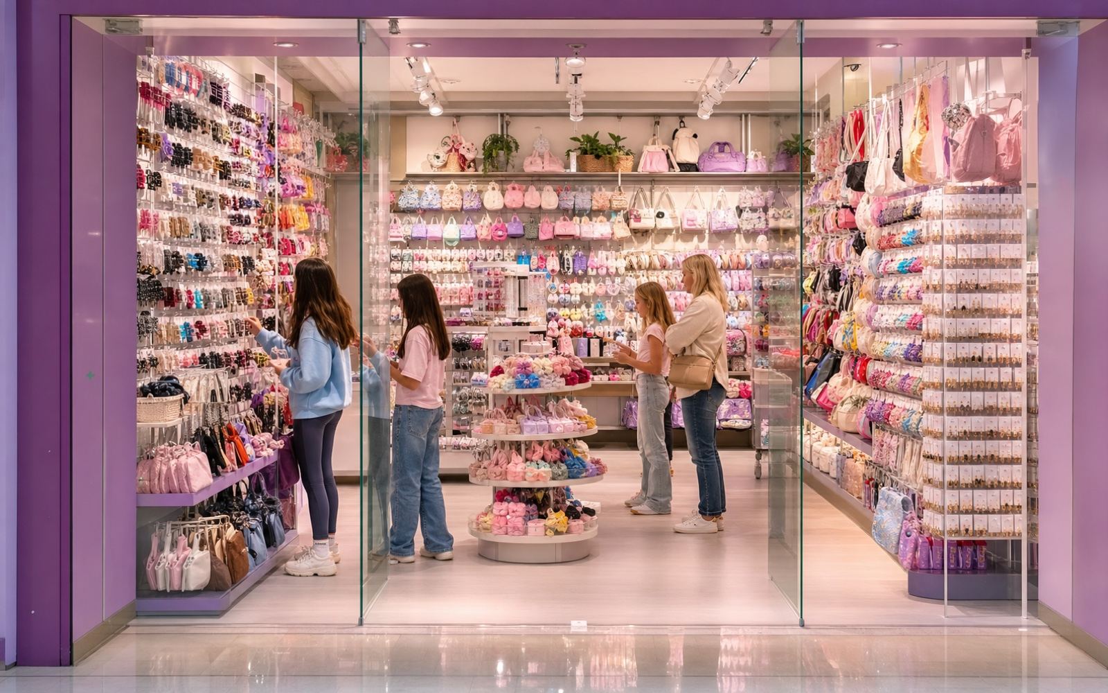 A logo-free purple mall accessories storefront with dense jewelry merchandising and family shoppers.