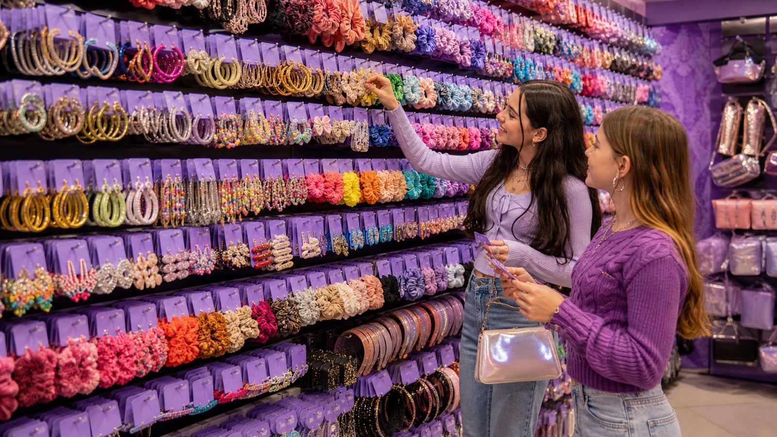A logo-free purple accessory wall with dense low-ticket jewelry and fashion choices.