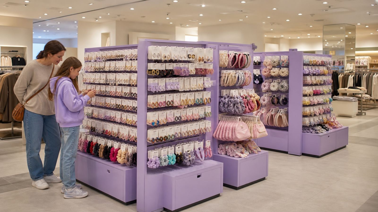 A logo-free purple accessories shop-in-shop installation inside a larger fashion retailer.