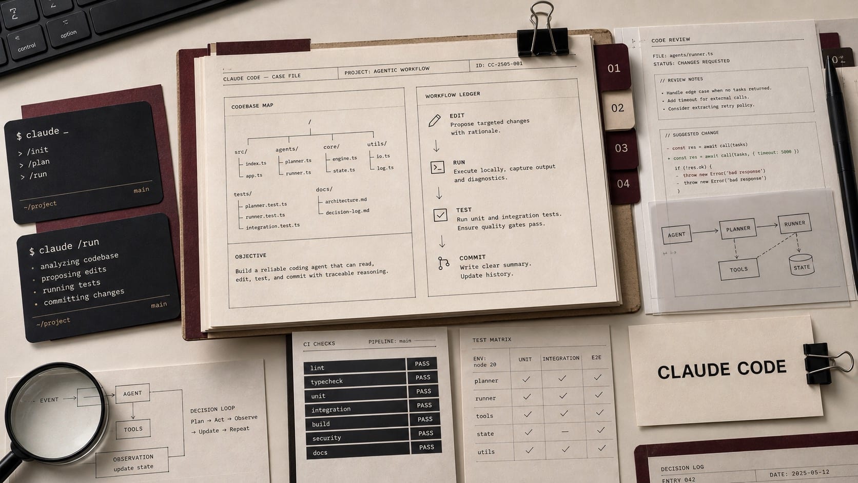 Premium editorial still-life of a Claude Code agentic coding case with a Claude Code source-mark card, terminal prompt cards, codebase map, test ledger, and commit workflow notes
